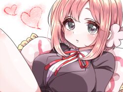 1girl black_jacket blazer blush bob_cut breasts collared_shirt flower green_eyes hair_between_eyes hair_flower hair_ornament hanazono_hakari heart jacket kimi_no_koto_ga_dai_dai_dai_dai_daisuki_na_100-nin_no_kanojo knee_up large_breasts looking_at_viewer neck_ribbon ohananomitsu_high_school_uniform on_pillow parted_bangs parted_lips pink_flower pink_hair puckered_lips raised_eyebrows red_ribbon ribbon school_uniform shirt short_hair_with_long_locks solo white_background white_shirt yumenobetsu