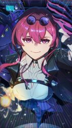 2girls chest_harness collared_shirt drill_hair drill_ponytail earrings eyewear_on_head glasses gloves grey_hair harness highres honkai:_star_rail honkai_(series) jewelry kafka_(honkai:_star_rail) looking_at_viewer multiple_girls pince-nez purple_eyes purple_gloves purple_hair shirt silver_wolf_(honkai:_star_rail) single_earring smile upper_body white_shirt yodaka002