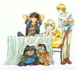 1girl 4boys black_hair blonde_hair brown_hair cleo_everlastin dortin dress glasses gloves headband long_hair majic_lin majutsushi_orphen multiple_boys orphen volkan