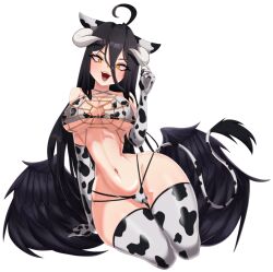 Rule 34 | 1girl, albedo (overlord), animal ears, animal print, antenna hair, arm support, bikini, black bikini, black feathers, black gloves, black hair, black thighhighs, breasts, cow ears, cow print, cow print bikini, cow print gloves, cow print thighhighs, cow tail, demon girl, demon horns, elbow gloves, eyelashes, fake animal ears, fake tail, feathered wings, feathers, feet out of frame, female focus, gloves, hand up, horns, large breasts, long hair, looking at viewer, low wings, miyako.noh, multicolored bikini, navel, open mouth, overlord (maruyama), print bikini, print gloves, print thighhighs, sitting, smile, solo, swimsuit, tail, teeth, thighhighs, thighs, two-tone bikini, two-tone gloves, two-tone thighhighs, upper teeth only, white bikini, white gloves, white thighhighs, wide hips, wings, yellow eyes, yokozuwari