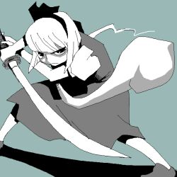 1girl closed_mouth commentary_request dress fighting_stance frown full_body ghost greyscale hairband holding holding_sword holding_weapon katana konpaku_youmu konpaku_youmu_(ghost) looking_at_viewer monochrome onikobe_rin puffy_short_sleeves puffy_sleeves shaded_face short_hair short_sleeves simple_background solo sword touhou weapon