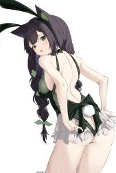 1girl absurdres animal_ears ass ass_cutout back backless_leotard bare_back bare_shoulders black_hair braid breasts cat_ears clothing_cutout commentary commission cowboy_shot fake_animal_ears fake_tail frilled_leotard frills from_behind green_eyes green_leotard hair_ornament highres indie_virtual_youtuber kitsunya_(vtuber) leotard long_hair looking_at_viewer looking_back median_furrow medium_breasts open_mouth playboy_bunny rabbit_ears rabbit_tail simple_background skeb_commission solo standing steeb tail thighs twin_braids virtual_youtuber white_background