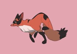closed_mouth from_side fukafuka full_body gen_8_pokemon highres nintendo no_humans pink_background pokemon pokemon_(creature) running sideways_glance simple_background smile thievul toes yellow_eyes