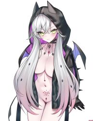 1girl absurdres black_hands black_jacket blush body_markings breasts choker cleavage colored_extremities crossed_bangs demon_girl demon_horns demon_wings ear_piercing fate/grand_order fate_(series) green_eyes grey_hair hair_between_eyes highres hood horns jacket large_breasts lilith_(fate) long_hair long_sleeves looking_at_viewer nagine naked_jacket navel piercing sidelocks smile solo thighs white_background wings