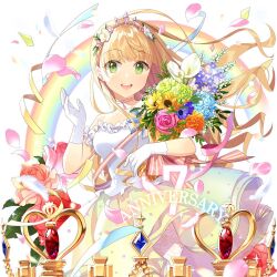 1girl blonde_hair blunt_bangs dress flower gloves green_eyes holding holding_flower jewelry lina_princella long_hair petals rainbow salt_(salty) tiara uchi_no_hime-sama_ga_ichiban_kawaii very_long_hair white_dress white_gloves
