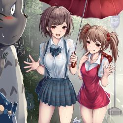 2girls :/ :d :q aged_up ahoge animal backpack bag blouse blush bow bowtie breasts brown_hair bush collarbone collared_shirt commentary_request cowboy_shot dress dress_shirt finger_to_mouth hair_bobbles hair_ornament hands_up highres holding holding_umbrella kusakabe_mei kusakabe_satsuki looking_at_viewer medium_breasts medium_hair miniskirt monikano multiple_girls naughty_face open_mouth outdoors pink_dress plaid_clothes plaid_skirt pleated_skirt rain red_bag red_eyes red_umbrella road road_sign see-through_clothes shirt shirt_tucked_in short_hair short_sleeves shoulder_bag sign skirt sleeveless sleeveless_dress smile standing street suspender_skirt suspenders thigh_gap tonari_no_totoro tongue tongue_out totoro totoro_bus_stop umbrella water wet wet_clothes wet_hair wet_shirt white_shirt