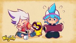 3boys aqua_hair backwards_hat baseball_cap black_gloves black_hood black_hoodie black_shorts blue_eyes blue_pants blue_pupils blush child closed_mouth commentary copyright_name creature crossed_legs denim drawstring drooling english_commentary facial_scar flying_sweatdrops freckles frown gloves gumchi gungho hands_on_own_hips hat head_rest holding holding_scroll hood hood_down hooded_shirt hoodie impossible_hair jeans kappei_(ninjala) lowered_eyelids mouth_drool multicolored_hair multiple_boys ninjala nose_tape official_art orange_sleeves padded_vest pants pants_rolled_up puffy_shorts purple_hair reading red_vest rianti-wong sandals scar scar_on_cheek scar_on_face scroll second-party_source seiza shadow shirt shoes short_sleeves shorts shuriken simple_background sitting sleeping socks streaked_hair striped_wristband tabi two-tone_shirt v-shaped_eyebrows van_(ninjala) vest weapon white_hair white_hat white_shirt white_shoes white_socks wristband yellow_background zouri