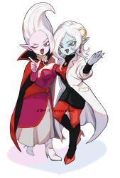 2girls black_leggings black_tunic blue_skin breasts bridal_gauntlets cape choker cleavage colored_skin commentary_request d_norainu_b demon_girl dr._arinsu dragon_ball dragon_ball_daima dragon_ball_heroes dress earrings eyeshadow fang fingernails floating_hair gem gold_choker grey_eyes hair_ornament high_heels highres in-franchise_crossover index_finger_raised jewelry knee_up lab_coat leggings long_fingernails long_hair looking_at_viewer looking_to_the_side makeup medium_breasts multicolored_leggings multiple_girls official_alternate_costume one_eye_closed open_mouth pink_bridal_gauntlets pink_dress pink_skin pointy_ears purple_gemstone red_cape red_eyeshadow red_leggings red_nails red_shoes scientist shoes smile sphere_earrings towa_(dragon_ball) trait_connection tunic twitter_username white_background white_shoes