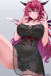 1girl asymmetrical_wings bare_shoulders black_dress black_horns black_wings blue_eyes blush breasts cleavage collarbone commentary cosplay cowboy_shot dress english_commentary grey_background guyrys heterochromia highres hololive hololive_english horns irys_(hololive) large_breasts leg_up long_hair mori_calliope mori_calliope_(cosplay) mori_calliope_(sleepwear) paid_reward_available parted_lips purple_eyes purple_hair red_hair seraphim_throne simple_background smile solo spaghetti_strap thighs twitter_username very_long_hair virtual_youtuber white_wings wings