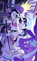 1boy belt bike_shorts black_hair boots chain-link_fence closed_eyes cropped_jacket fence gen_8_pokemon gloves hand_up highres holding holding_microphone jacket long_hair long_sleeves male_focus microphone microphone_stand molymes multicolored_hair nintendo partially_fingerless_gloves piers_(pokemon) pokemon pokemon_(creature) pokemon_swsh shirt standing sweatdrop toxtricity toxtricity_(amped) toxtricity_(low_key) two-tone_hair white_hair