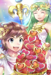 1boy 1girl :d ^_^ azumi_(tks-sd) blue_eyes brown_hair closed_eyes collarbone dated green_hair heart holding holding_staff jewelry kid_icarus kid_icarus_uprising laurel_crown long_hair middle_part neck_ring necklace nintendo object_request open_mouth pale_skin palutena pit_(kid_icarus) red_trim scarf sidelocks smile spiked_hair staff teeth upper_teeth_only white_scarf