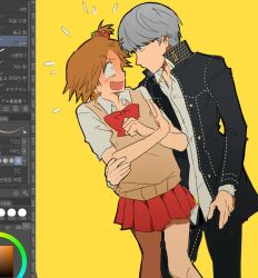 2boys art_program_in_frame crossdressing crossdressing_(mtf) food-themed_hair_ornament gekkoukan_high_school_uniform hair_ornament hanamura_yousuke holding_another&#039;s_waist male_focus multiple_boys narukami_yu nt_26 persona persona_4 school_uniform strawberry_hair_ornament yaoi