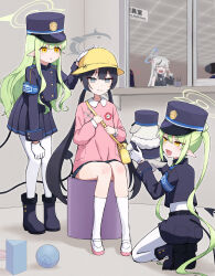 4girls absurdres armband bag black_boots black_hair black_hat black_jacket black_shorts black_skirt black_tail blue_archive blue_armband boots closed_mouth gloves green_halo grey_eyes grey_hair grey_halo halo hat highres hikari_(blue_archive) holding holding_stuffed_toy indoors jacket kindergarten_uniform kisaki_(blue_archive) kisaki_(kindergarten_uniform)_(blue_archive) kneehighs kokona_(blue_archive) long_hair long_sleeves multiple_girls nozomi_(blue_archive) open_mouth pantyhose pink_shirt pointy_ears school_hat shiroiurushi shirt shorts shoulder_bag siblings sisters sitting skirt smile socks standing stuffed_toy tail very_long_hair white_gloves white_pantyhose white_socks yellow_hat