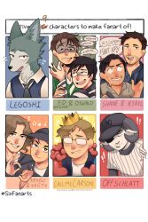 ! !! 6+boys animal_ears batman_(series) beard_stubble beastars black_hair blonde_hair blue_eyes brown_hair buzzfeed_unsolved callmecarson character_name cosplay crossover crown dark-skinned_male dark_skin dc_comics edward_nygma english_text facial_hair furry furry_male glasses gomiidd green_eyes hat heart highres horns jschlatt kryoz legoshi male_focus minecraft_youtube multiple_boys multiple_drawing_challenge off_(game) open_mouth oswald_chesterfield_cobblepot real_life ryan_bergara shane_madej sheep_boy sheep_ears sheep_horns short_hair six_fanarts_challenge smii7y smplive speech_bubble stubble the_batter_(off) the_batter_(off)_(cosplay) wolf_boy wolf_ears