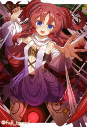1girl blue_eyes breasts cowboy_shot crop_top detached_sleeves duel_monster fuji_tarawi highres looking_at_viewer midriff navel reaching reaching_towards_viewer red_hair restrained silk small_breasts solo spider_web standing traptrix_atypus yu-gi-oh!