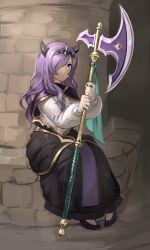 1girl absurdres axe black_shoes black_skirt camilla_(fire_emblem) camilla_(young_beauty)_(fire_emblem) fire_emblem fire_emblem_fates highres holding holding_axe holding_weapon kaphrin long_hair long_skirt long_sleeves nintendo purple_eyes purple_hair shirt shoes sitting skirt solo tiara weapon white_shirt