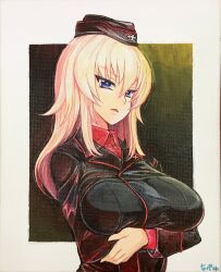 Rule 34 | 1girl, arms under breasts, black hat, blue eyes, border, breasts, commentary request, dress shirt, garrison cap, girls und panzer, gradient background, grey hair, hair between eyes, hat, highres, impossible clothes, impossible jacket, insignia, itsumi erika, jacket, kuromorimine military uniform, large breasts, leather, leather jacket, long hair, long sleeves, looking at viewer, military, military hat, military uniform, nabeyu, oil painting (medium), open mouth, painting (medium), red shirt, red trim, scan, school uniform, shirt, signature, solo, standing, traditional media, translation request, white border