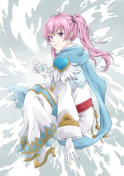 1girl absurdres blue_scarf commentary_request dress eyelashes fire_emblem fire_emblem:_the_blazing_blade fire_emblem_heroes flower gloves grey_background high_heels highres jewelry light_smile long_dress long_hair looking_back midori_no_baku nintendo official_alternate_costume pink_eyes pink_hair scarf serra_(fire_emblem) serra_(resplendent)_(fire_emblem) shoes solo twintails white_dress white_flower white_gloves yellow_shoes