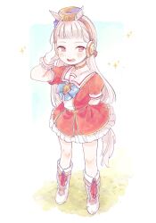 Rule 34 | 1girl, aged down, animal ears, arm behind back, blush, boots, brown hat, choker, commentary request, dress, frilled dress, frills, full body, gloves, gold ship (umamusume), grey hair, hat, highres, horse ears, horse girl, horse tail, kiguchiko, long hair, open mouth, red choker, red dress, red eyes, red sailor collar, sailor collar, sailor dress, solo, sparkle, standing, tail, umamusume, white gloves