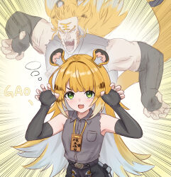 1girl absurdres animal_ear_fluff animal_ears black_gloves blonde_hair blush chinese_commentary claw_pose colored_inner_hair commentary_request elbow_gloves fang fingerless_gloves gloves green_eyes highres ju_fufu looking_at_viewer multicolored_hair open_mouth runyo_(yale12312) tiger_ears tiger_girl white_hair zenless_zone_zero