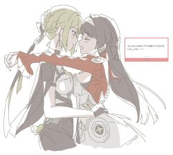 2girls arms_around_neck astra_yao black_gloves black_hair black_pants blonde_hair blush braid breast_press closed_eyes closed_mouth commentary_request dress evelyn_chevalier gloves hairband hand_on_another&#039;s_waist highres long_hair looking_at_another marshmallow_(site) multiple_girls nekopon0326 open_mouth pants red_dress request_inset shirt simple_background smile symmetrical_docking translation_request two-tone_dress white_background white_dress white_hairband white_shirt yuri zenless_zone_zero