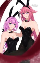 Rule 34 | 2girls, absurdres, alternate costume, animal ears, artist name, black bow, black bowtie, black leotard, black pantyhose, blue eyes, bow, bowtie, breasts, cleavage, collar, color connection, commentary request, company connection, detached collar, eiphyr, elf, elysia (honkai impact), fake animal ears, fox ears, fox girl, genshin impact, hair color connection, highres, honkai (series), honkai impact 3rd, large breasts, leotard, long hair, mihoyo, multiple girls, pantyhose, pink hair, playboy bunny, pointy ears, rabbit ears, smile, white collar, yae miko