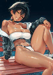 1girl abs black_choker black_hair black_jacket blush breasts cameltoe choker cleavage commentary dark-skinned_female dark_skin earrings english_commentary hair_between_eyes jacket jewelry kurobe_natsumi large_breasts looking_at_viewer making-of_available navel night nikichen paid_reward_available psd_available senpai_ga_uzai_kouhai_no_hanashi shiny_skin sitting skindentation solo sports_bikini sweat toned toned_female track_jacket variant_set yellow_eyes yellow_nails
