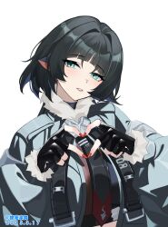 1girl absurdres animal_ears aqua_eyes arched_bangs belt black_belt black_gloves black_hair black_necktie chinese_commentary commentary_request crop_top dated fingerless_gloves four-finger_heart_hands fur-trimmed_jacket fur_trim gloves grey_jacket guhuabingwu hair_intakes head_tilt heart heart_hands highres jacket jane_doe_(zenless_zone_zero) leather leather_gloves long_sleeves looking_at_viewer mouse_ears necktie original parted_lips puffy_long_sleeves puffy_sleeves red_nails short_hair smile solo underbust upper_body white_background