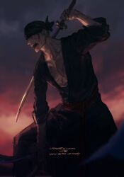 1boy blood blood_on_face closed_eyes collarbone dusk highres holding holding_sword holding_weapon japanese_clothes long_sleeves male_focus one_piece open_mouth outdoors plytometo roronoa_zoro solo sword weapon