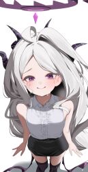 Rule 34 | 1girl, absurdres, ahoge, black halo, black skirt, black thighhighs, blue archive, blush, commentary request, demon girl, demon horns, demon wings, halo, highres, hijo (nakare2845), hina (blue archive), horns, long hair, looking at viewer, paid reward available, purple eyes, skirt, solo, standing, tears, thighhighs, variant set, very long hair, white hair, wings