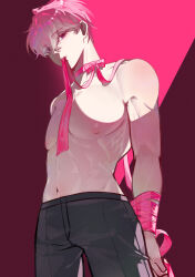 1boy absurdres arms_behind_back bamby_(plave) black_pants bound bound_wrists bow cowboy_shot dong100art from_below hair_between_eyes highres k-pop looking_back male_focus mouth_hold nipples pants pink_background pink_bow pink_eyes pink_hair pink_ribbon plave ribbon ribbon_in_mouth short_hair solo topless_male