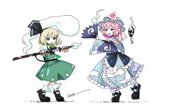 Rule 34 | 2girls, alternate hair color, black neckerchief, black ribbon, black shoes, blue dress, blue hat, blue kimono, blue ribbon, cloud print, collared shirt, crescent, crescent moon, dress, fighting stance, frilled dress, frilled hat, frilled kimono, frilled ribbon, frills, ghost, ghost print, ghost tail, green eyes, green hair, green skirt, green vest, hair ornament, hair ribbon, hand fan, hat, highres, holding, holding fan, holding lantern, holding sheath, holding sword, holding weapon, imperishable night, japanese clothes, katana, kimono, konpaku youmu, konpaku youmu (ghost), lantern, large ribbon, long sleeves, looking at viewer, medium hair, mob cap, moon, moon print, multiple girls, neckerchief, ofuda, open mouth, pink hair, puffy short sleeves, puffy sleeves, ribbon, ribbon shoes, saigyouji yuyuko, scabbard, serious, sheath, sheathed, shirt, shoes, short sleeves, signature, simple background, skirt, smile, socks, sword, touhou, triangular headpiece, unsheathing, veil, vest, waist ribbon, wavy hair, weapon, white background, white shirt, white socks, wide sleeves, yoiy san