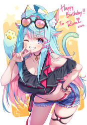 1girl ahoge animal_ears bikini black_bikini blue_hair blue_shorts breasts cat_ears cat_girl cat_tail cleavage copyright_request english_text eyewear_on_head highres hong_(white_spider) lanmewko large_breasts looking_at_viewer multicolored_hair navel one_eye_closed pink_hair purple_eyes shorts smile solo sunglasses swimsuit tail thighs two-tone_hair