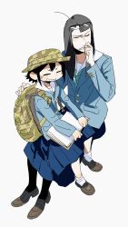 Rule 34 | 2girls, absurdres, ahoge, asakusa midori, asymmetrical bangs, backpack, bag, black hair, boonie hat, camouflage bag, camouflage hat, closed eyes, commentary, eizouken ni wa te wo dasu na!, english commentary, freckles, goblet 42, highres, kanamori sayaka, long hair, multiple girls, necktie, school uniform, shibahama high school uniform, short hair, simple background, white background