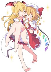 2girls :d absurdres ascot bare_legs barefoot bat_wings blonde_hair blush bow carrying closed_eyes commission crystal crystal_wings fang flandre_scarlet frills full_body granblue_fantasy hair_between_eyes hat highres long_hair looking_at_viewer masakamea mob_cap multiple_girls one_side_up open_mouth pixiv_commission pointy_ears princess_carry puffy_short_sleeves puffy_sleeves red_skirt ribbon shirt short_sleeves side_ponytail simple_background skirt smile thighhighs touhou vampy white_background white_shirt wings