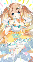 1girl bird blonde_hair blue_eyes blush brown_hair dress duck duck_hair_ornament flower hair_flower hair_ornament highres long_hair looking_at_viewer milestone_celebration ribbon smile solo striped_clothes striped_thighhighs suimya thighhighs twintails varium virtual_youtuber watamiya_ahiru