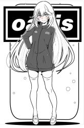 1girl adidas blush english_text full_body highres jacket looking_at_viewer monochrome niea partially_colored shokuhou_misaki simple_background solo thighhighs toaru_kagaku_no_mental_out toaru_kagaku_no_railgun toaru_majutsu_no_index track_jacket white_background zettai_ryouiki