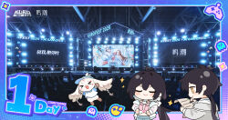 Rule 34 | 1boy, 1girl, abby (wuthering waves), black hair, breasts, checklist, chibi, chibi only, chinese commentary, chinese text, closed mouth, commentary request, dual persona, english text, female rover (wuthering waves), grey jacket, highres, holding, holding paper, jacket, logo, long hair, low ponytail, male rover (wuthering waves), medium breasts, midriff, mixed-language text, multilingual text, navel, official art, official art inset, paper, photo background, pink shirt, ponytail, rover (wuthering waves), shirt, smile, smug, sparkle, sparkling aura, white jacket, wuthering waves, yellow eyes
