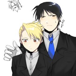 1boy 1girl black_eyes black_hair blonde_hair blue_necktie blush commentary_request doodle_inset earrings edward_elric formal_clothes fullmetal_alchemist gloves highres iiwake_22 jewelry looking_to_the_side necktie orange_eyes riza_hawkeye roy_mustang short_hair suit translation_request upper_body white_background