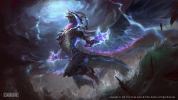 Rule 34 | animal focus, blue eyes, claws, cloud, cloudy sky, commentary, company name, copyright notice, debris, dragon, electricity, english commentary, feathered wings, from side, giant, giant monster, highres, horns, joshua raphael, lightning, no humans, ocean, official art, open mouth, outdoors, rock, sky, smite, solo, storm, tail, tiamat (smite), water, waves, wings