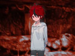 1boy ahoge arms_behind_back black_hair black_pants closed_mouth collarbone drawstring hair_between_eyes highres hood hoodie looking_at_viewer messy_hair pants parody red_eyes red_hair saya_no_uta smile solo solo_focus standing style_parody sumino_takumi takumi-g_(hundred_line) the_hundred_line_-last_defense_academy- white_hoodie