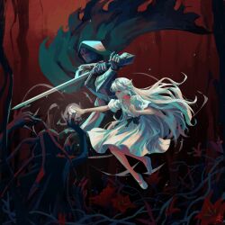 1boy 1girl absurdres alm4nditte cloak dress ender_lilies_quietus_of_the_knights flower full_body highres holding holding_sword holding_weapon hood hooded_cloak jewelry knight lily_(ender_lilies) long_hair necklace pendant plant red_flower sword umbral_knight_(ender_lilies) undead very_long_hair vines weapon white_dress white_hair