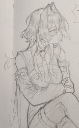 Rule 34 | 1girl, breasts, closed mouth, collared shirt, crossed arms, detached sleeves, earrings, eus ing, graphite (medium), greyscale, hair intakes, highres, hololive, hololive english, jewelry, long hair, looking ahead, looking to the side, medium breasts, monochrome, necktie, official alternate costume, official alternate hairstyle, ouro kronii, ouro kronii (4th costume), serious, shirt, sketch, sleeveless, sleeveless shirt, solo, traditional media, upper body, virtual youtuber, wolf cut