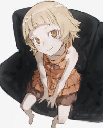 1girl arched_bangs blonde_hair blunt_bangs brown_shorts collared_shirt couch frilled_shirt frills highres kiss-shot_acerola-orion_heart-under-blade kizumonogatari looking_at_viewer monogatari_(series) on_couch orange_shirt oshino_shinobu shirt short_bangs short_hair short_shorts shorts simple_background sitting sleeveless sleeveless_shirt smile solo taki_(a313131333) white_background yellow_eyes