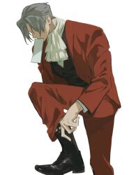 1boy ace_attorney adjusting_footwear ascot black_boots black_vest boots closed_eyes curtained_hair foot_out_of_frame formal_clothes grey_hair highres jacket layered_sleeves leg_up long_sleeves male_focus miles_edgeworth open_clothes open_jacket pants paper_in_mouth red_jacket red_pants red_suit shirt short_hair simple_background solo sotenborii standing standing_on_one_leg suit suit_jacket vest white_ascot white_background white_shirt