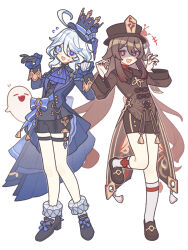 +++ 2girls :d ascot asymmetrical_gloves black_footwear black_gloves black_shorts blue_ascot blue_bow blue_coat blue_eyes blue_hair blue_headwear blue_ribbon boo_tao_(genshin_impact) bow brown_coat brown_hair brown_headwear brown_shorts coat cowlick flower flower-shaped_pupils flying_sweatdrops frilled_sleeves frills furina_(genshin_impact) genshin_impact ghost_pose gloves hands_up hat hat_flower heterochromia hu_tao_(genshin_impact) jewelry light_blue_hair loafers long_hair long_sleeves looking_at_viewer medium_hair mismatched_gloves multiple_girls multiple_rings nervous open_mouth porkpie_hat red_eyes red_flower red_shirt ribbon ring shaded_face shirt shoes shorts simple_background smile socks standing standing_on_one_leg sweatdrop symbol-shaped_pupils tailcoat tassel top_hat very_long_hair waa_(wawawaa1005) white_background white_gloves white_socks