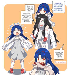 1boy 1girl abs aged_down angry axia-chan black_hair blood blood_on_clothes blood_on_face blue_hair cannibalism ciel_(tsukihime) collared_shirt dress eating english_text fang father&#039;s_day hair_over_one_eye hairband highres hood hoodie jacket kneehighs loli long_hair michael_roa_valdamjong muscular muscular_male open_clothes open_mouth open_shirt pectorals red_eyes red_shoes roa-ciel severed_arm severed_limb sharp_teeth shirt shoes simple_background smile socks teeth tsukihime vampire white_jacket white_shirt