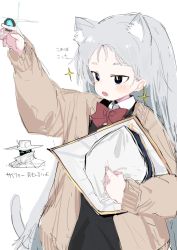 1boy 1girl animal_ear_fluff animal_ears black_eyes bow bright_pupils coat coin cypher_(valorant) fang glint grey_background grey_hair hat highres holding holding_coin holding_unworn_clothes holding_unworn_hat long_hair open_mouth original red_bow sanma_(tabet_) simple_background skin_fang smile sparkle tail unworn_hat unworn_headwear valorant white_coat white_headwear white_pupils