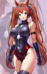1girl :d absurdres animal_ears arm_strap arms_at_sides belt black_gloves black_leotard black_thighhighs blush bow-shaped_hair breasts brown_eyes brown_hair commentary commission cosplay covered_navel cowboy_shot crossed_belts crossed_legs daiwa_scarlet_(umamusume) english_commentary fang fate_testarossa fate_testarossa_(cosplay) fate_testarossa_(true_sonic_form) full-length_zipper gauntlets gloves hair_intakes heattech_leotard highleg highleg_leotard highres horse_ears impossible_clothes impossible_leotard large_breasts leotard long_hair looking_at_viewer lyrical_nanoha open_mouth pixiv_commission red_belt sheita skin_fang skin_tight skindentation smile solo thighhighs turtleneck twintails umamusume very_long_hair zipper zipper_leotard zoom_layer