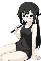 1girl black_eyes black_hair blush breasts fishing_rod glasses h3n_sw holding holding_fishing_rod looking_at_viewer low_twintails shimeji_simulation sitting solo thighs tsukishima_mina tsukishima_shijima&#039;s_sister twintails